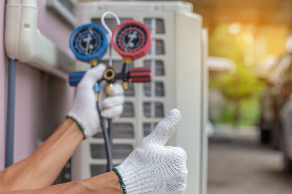 Hands Holding HVAC Maintenance Testing Equipment