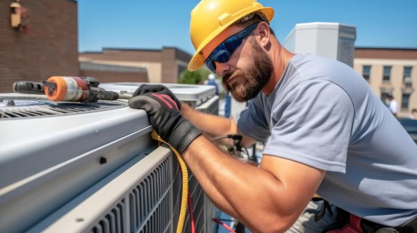 HVAC Expert Service Technician Repairing Air Conditioning Outdoor Unit
