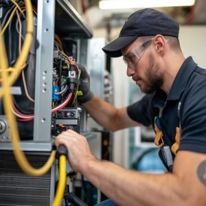 HVAC Technician performing Winter Service on Geothermal Heat Pumps and AC Furnace Systems