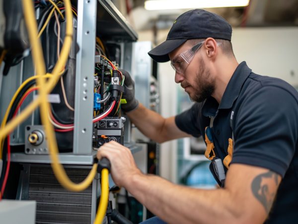 HVAC Technician performing Winter Service on Geothermal Heat Pumps and AC Furnace Systems