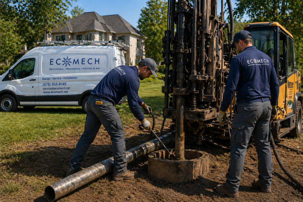 EcoMech technicians performing geothermal loop drilling and installation at a residential property in Trilith, Georgia, supporting ground loop systems for high-efficiency geothermal heating and cooling.