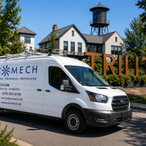 EcoMech geothermal service van parked in Trilith, Georgia, in front of the community sign, representing local geothermal HVAC maintenance, repair, and system service for homeowners in a high-performance geothermal neighborhood.