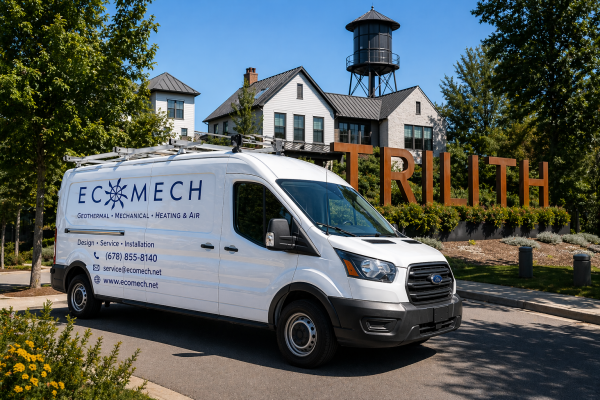 EcoMech geothermal service van parked in Trilith, Georgia, in front of the community sign, representing local geothermal HVAC maintenance, repair, and system service for homeowners in a high-performance geothermal neighborhood.