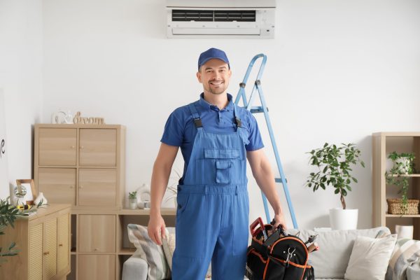 HVAC technician servicing a home air conditioner during an Atlanta AC repair and cooling system inspection.
