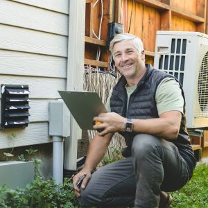 HVAC technician inspecting an outdoor air conditioning unit during an Atlanta AC repair service call.