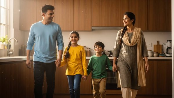 Happy family enjoying a comfortable indoor temperature after professional Atlanta AC repair service.