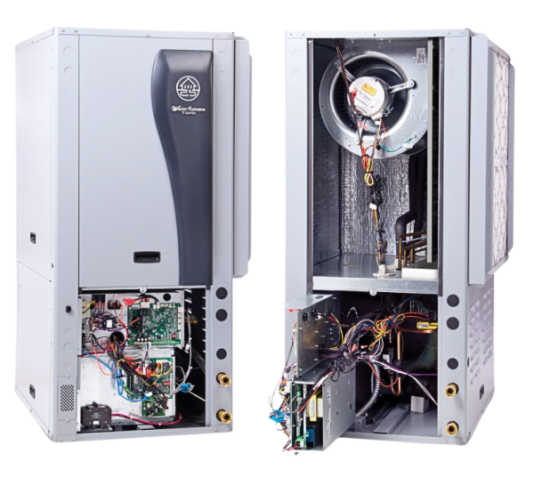 Open WaterFurnace geothermal heat pump system showing internal Aurora control boards, blower components, and electrical wiring used for geothermal diagnostics and troubleshooting. WaterFurnace error codes, lockout faults, control board service, and geothermal HVAC repair.