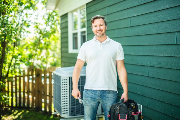 HVAC technician standing near an outdoor heat pump, ready to diagnose cooling and air conditioning problems.