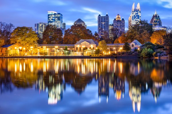 Buckhead Atlanta skyline near homes using ClimateMaster geothermal HVAC systems requiring expert repair and service