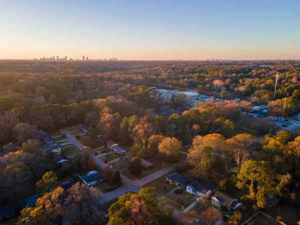 Aerial view of Wildwood Atlanta where routine HVAC maintenance helps homes stay comfortable year-round.