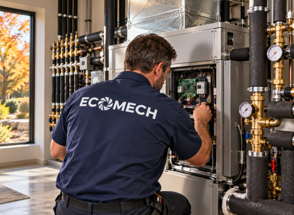 EcoMech technician inspecting a residential geothermal HVAC heat pump system during a service call in Trilith, GA