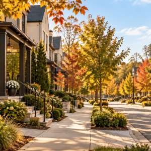 Tree-lined street of geothermal homes in Trilith, Fayetteville, GA during fall, ideal for seasonal HVAC service