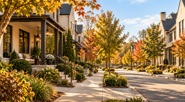 Tree-lined street of geothermal homes in Trilith, Fayetteville, GA during fall, ideal for seasonal HVAC service