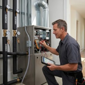 Geothermal HVAC technician diagnosing indoor heat pump electrical controls and loop temperatures during service