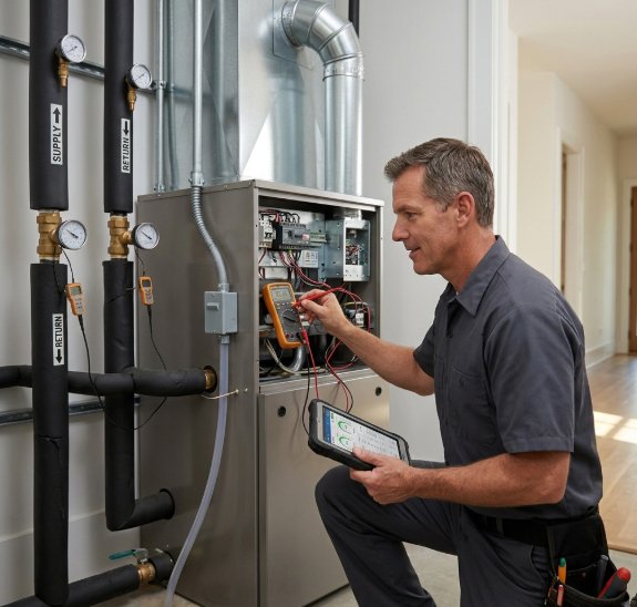 Geothermal HVAC technician diagnosing indoor heat pump electrical controls and loop temperatures during service