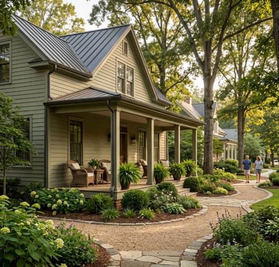 Porch-front home in Serenbe showcasing clean architecture and walkable grounds powered by quiet geothermal HVAC